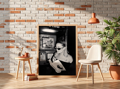 Phone Booth Reader Portrait Poster | Black and White Photography Print | Vintage Street Photography | Retro Urban Wall Art