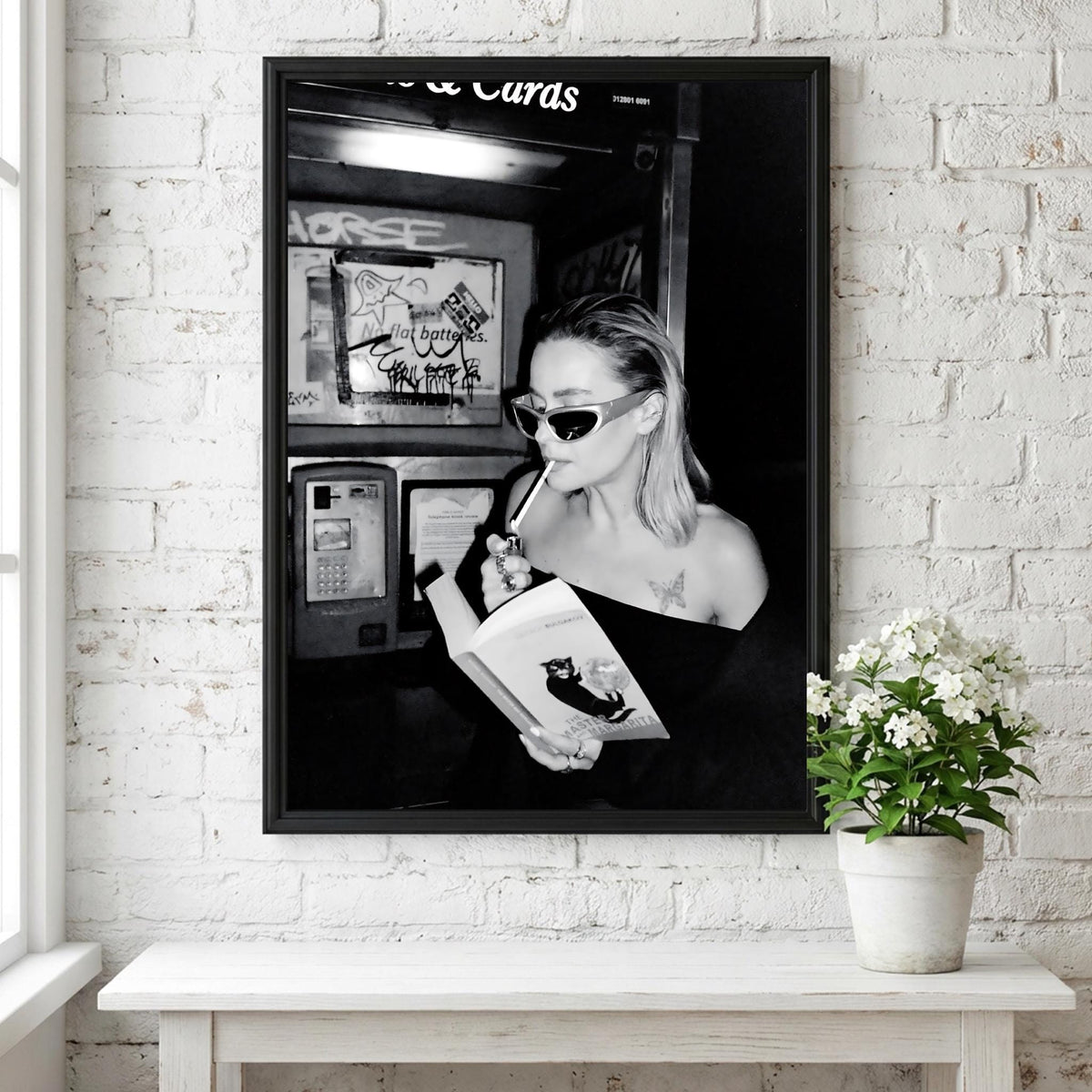 Phone Booth Reader Portrait Poster | Black and White Photography Print | Vintage Street Photography | Retro Urban Wall Art