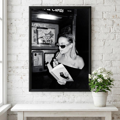Phone Booth Reader Portrait Poster | Black and White Photography Print | Vintage Street Photography | Retro Urban Wall Art