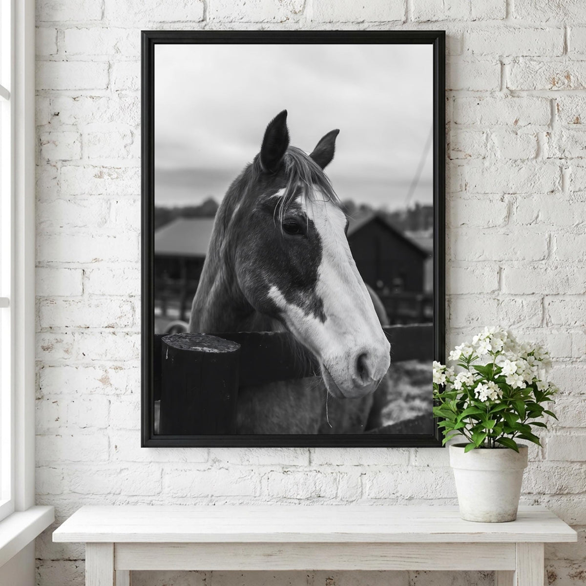 Piebald Horse Farm Portrait Poster | Black and White Photography Print | Vintage Farm Wall Art | Retro Western Animal Decor