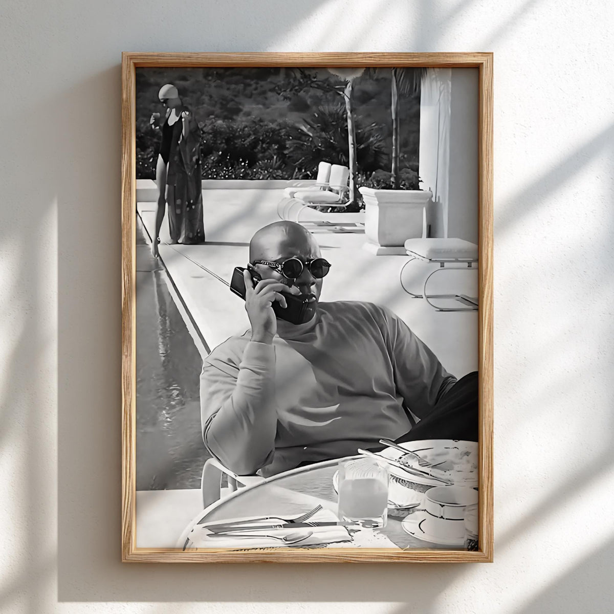 Poolside Phone Call Man Poster | Black and White Photography Print | Vintage Luxury Lifestyle Wall Art | Retro Summer Decor