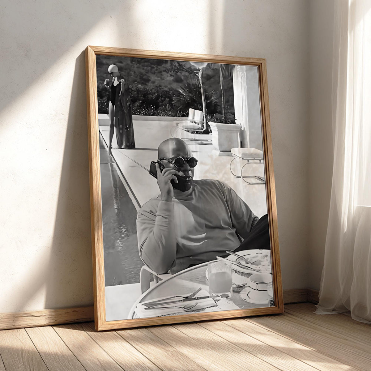 Poolside Phone Call Man Poster | Black and White Photography Print | Vintage Luxury Lifestyle Wall Art | Retro Summer Decor