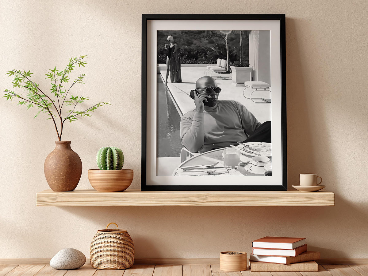 Poolside Phone Call Man Poster | Black and White Photography Print | Vintage Luxury Lifestyle Wall Art | Retro Summer Decor