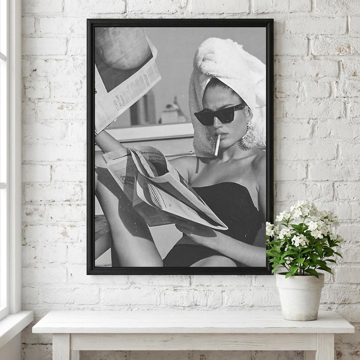 Poolside Towel Newspaper Smoke Poster | Black and White Photography Print | Vintage Summer Wall Art | Retro Lifestyle Decor