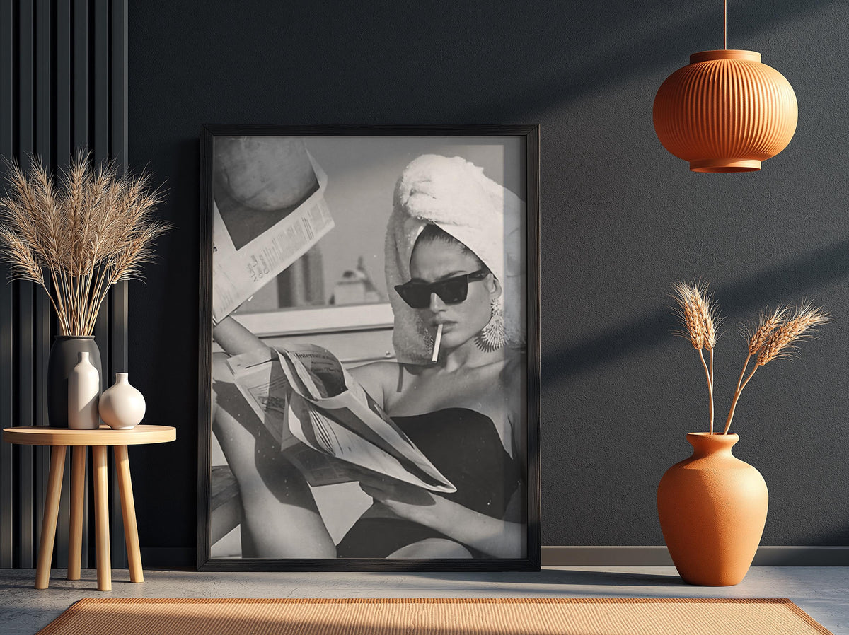 Poolside Towel Newspaper Smoke Poster | Black and White Photography Print | Vintage Summer Wall Art | Retro Lifestyle Decor