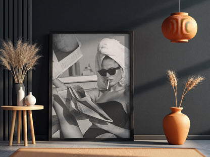 Poolside Towel Newspaper Smoke Poster | Black and White Photography Print | Vintage Summer Wall Art | Retro Lifestyle Decor