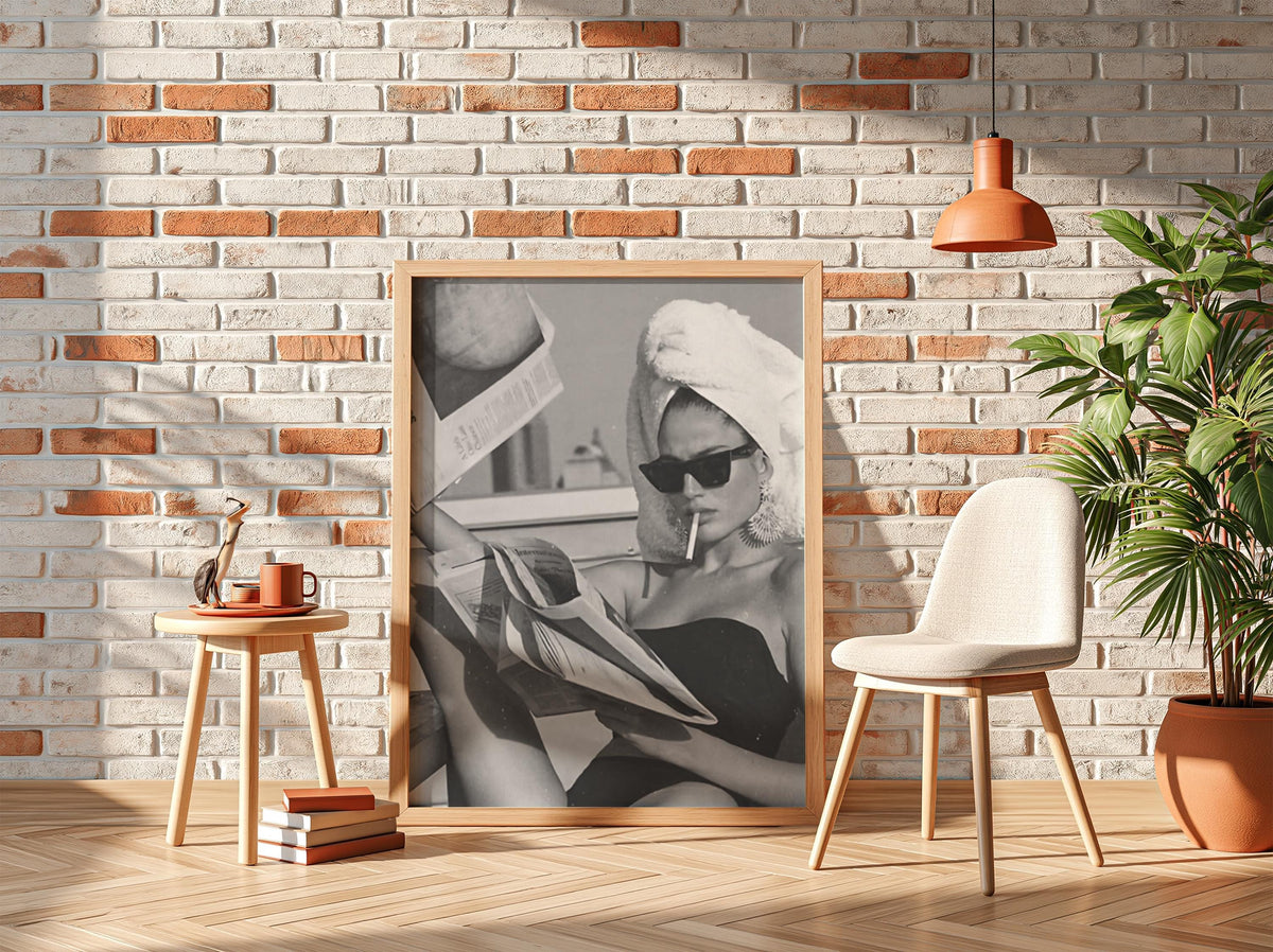 Poolside Towel Newspaper Smoke Poster | Black and White Photography Print | Vintage Summer Wall Art | Retro Lifestyle Decor