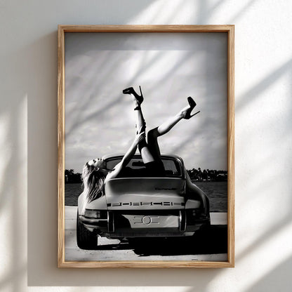 Sport Car Pinup Legs Poster | Black and White Photography Print | Vintage Car Wall Art | Retro Automotive Lifestyle Decor