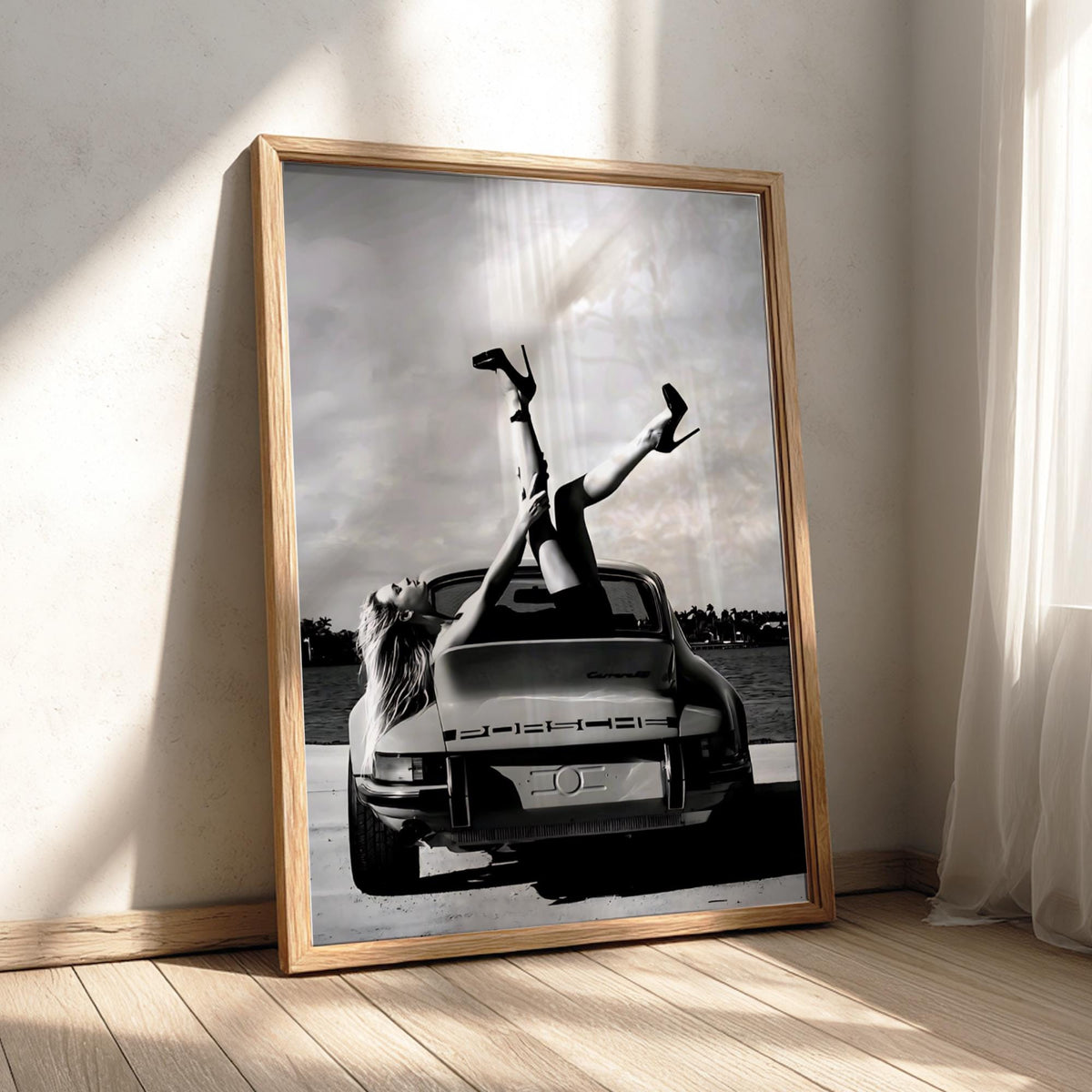 Sport Car Pinup Legs Poster | Black and White Photography Print | Vintage Car Wall Art | Retro Automotive Lifestyle Decor