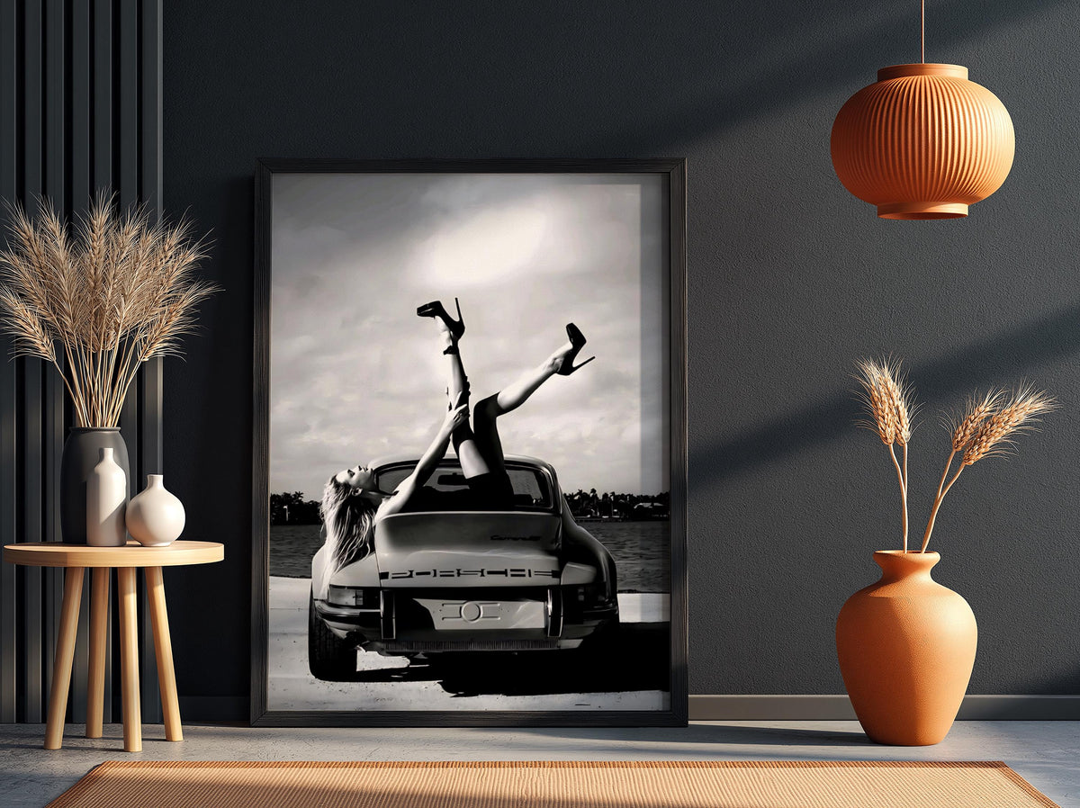 Sport Car Pinup Legs Poster | Black and White Photography Print | Vintage Car Wall Art | Retro Automotive Lifestyle Decor