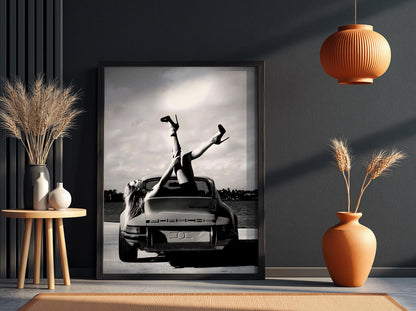 Sport Car Pinup Legs Poster | Black and White Photography Print | Vintage Car Wall Art | Retro Automotive Lifestyle Decor