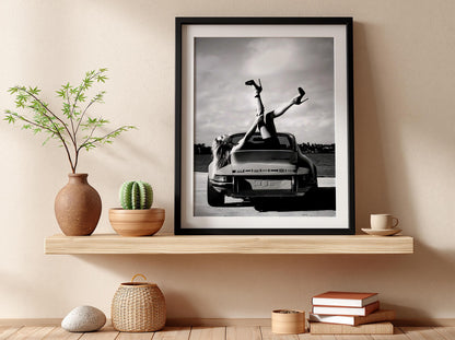 Sport Car Pinup Legs Poster | Black and White Photography Print | Vintage Car Wall Art | Retro Automotive Lifestyle Decor