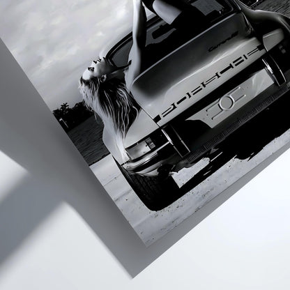 Sport Car Pinup Legs Poster | Black and White Photography Print | Vintage Car Wall Art | Retro Automotive Lifestyle Decor