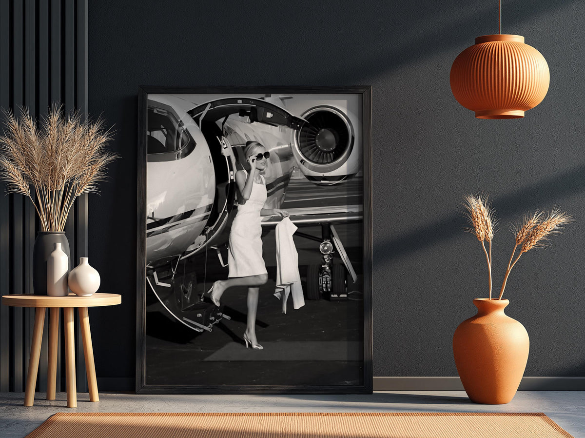 Private Jet Red Carpet Exit Poster | Black and White Photography Print | Vintage Luxury Lifestyle Wall Art | Retro Travel Decor
