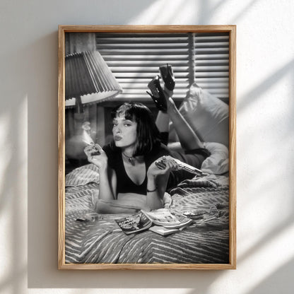 Mia Wallace Bedroom Scene Poster | Black and White Photography Print | Vintage Cinema Style Wall Art | Retro Interior Decor