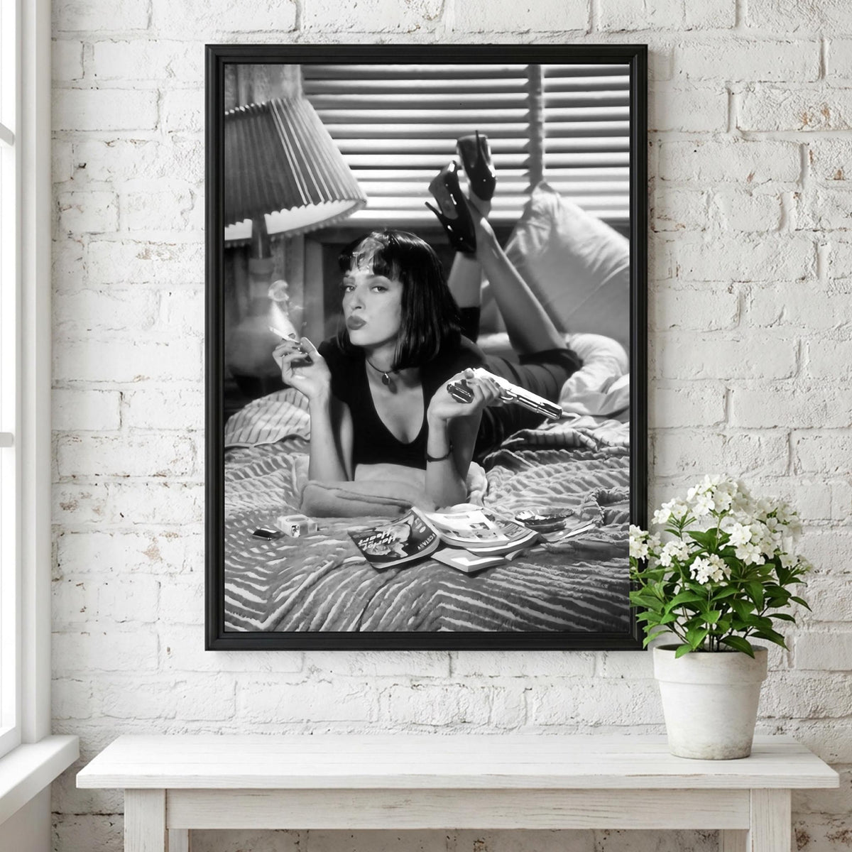 Mia Wallace Bedroom Scene Poster | Black and White Photography Print | Vintage Cinema Style Wall Art | Retro Interior Decor