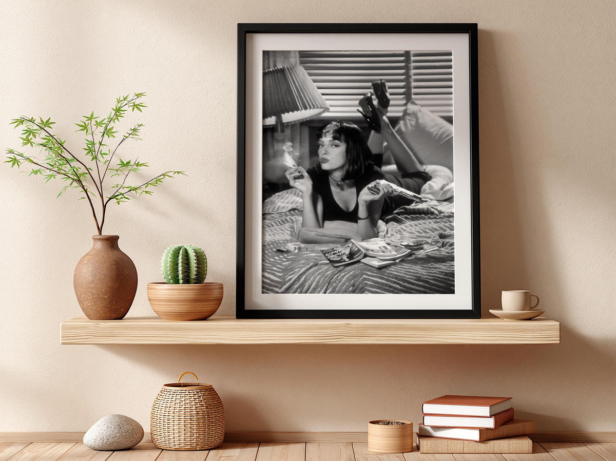 Mia Wallace Bedroom Scene Poster | Black and White Photography Print | Vintage Cinema Style Wall Art | Retro Interior Decor
