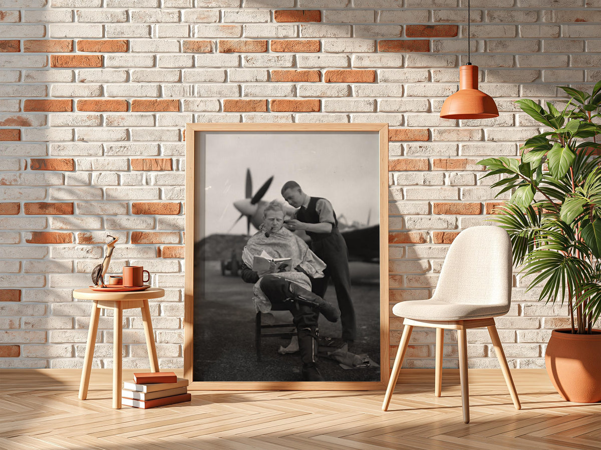 Vintage Pilot Airfield Haircut Poster | Black and White Photography Print | Retro Aviation Wall Art | Classic Military Style Decor