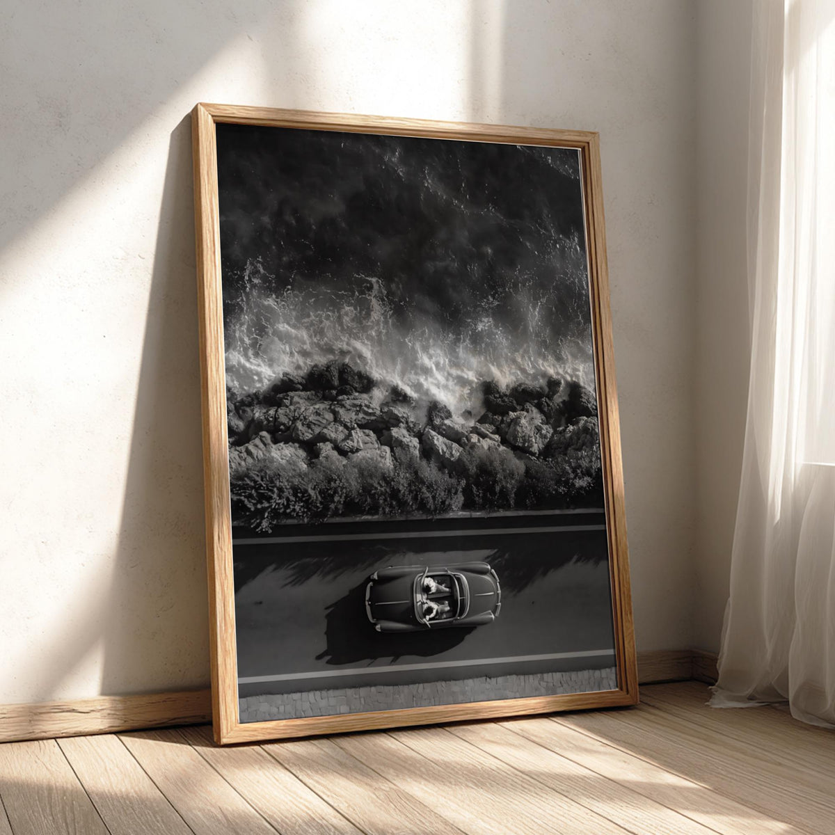 Red Convertible Coastal Drive Poster | Black and White Photography Print | Vintage Car Wall Art | Retro Summer Lifestyle Decor