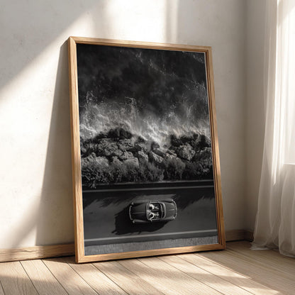 Red Convertible Coastal Drive Poster | Black and White Photography Print | Vintage Car Wall Art | Retro Summer Lifestyle Decor