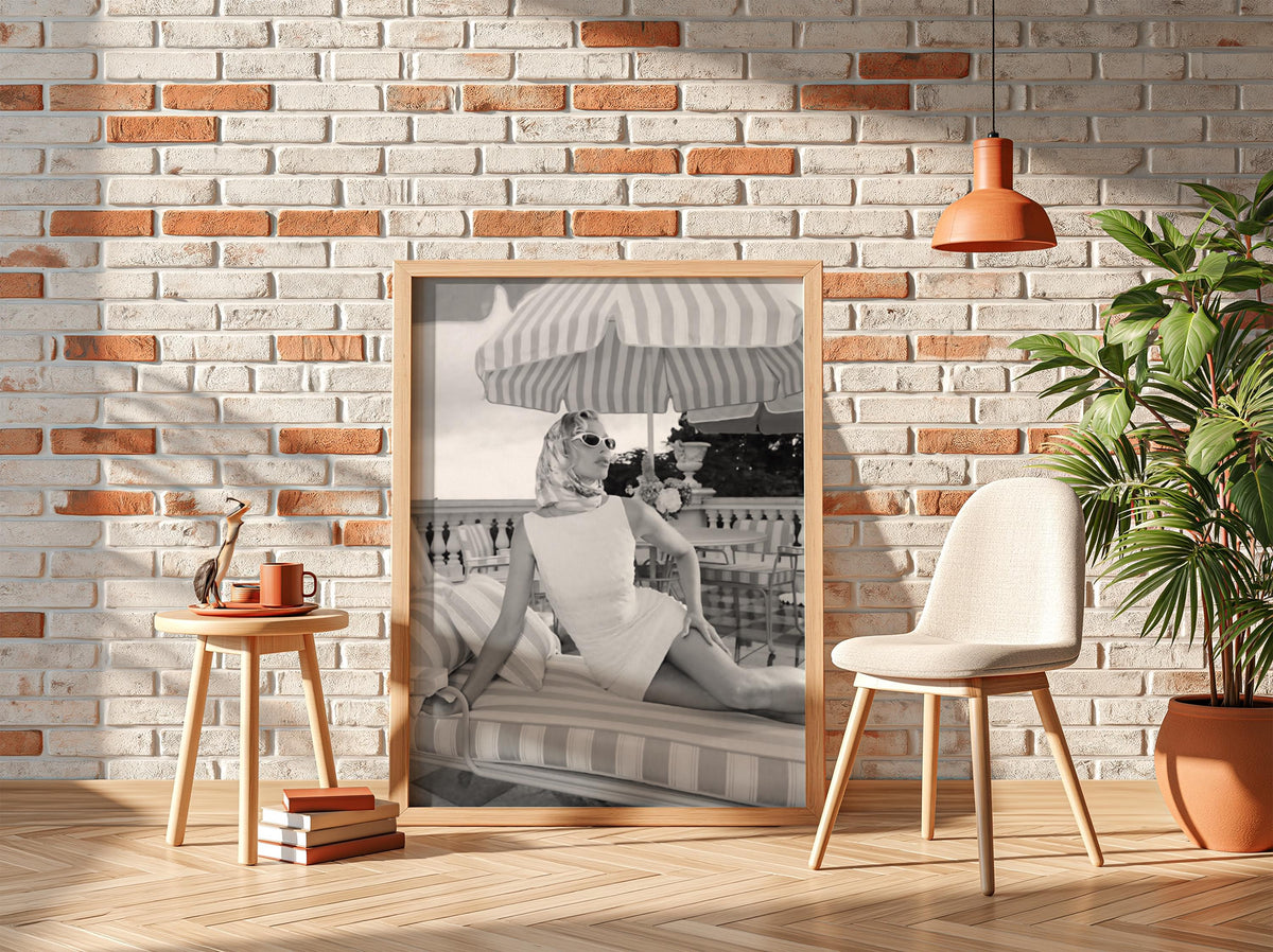 Riviera Poolside Striped Umbrella Poster | Black and White Photography Print | Vintage Summer Wall Art | Retro Coastal Decor