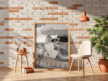 Riviera Poolside Striped Umbrella Poster | Black and White Photography Print | Vintage Summer Wall Art | Retro Coastal Decor