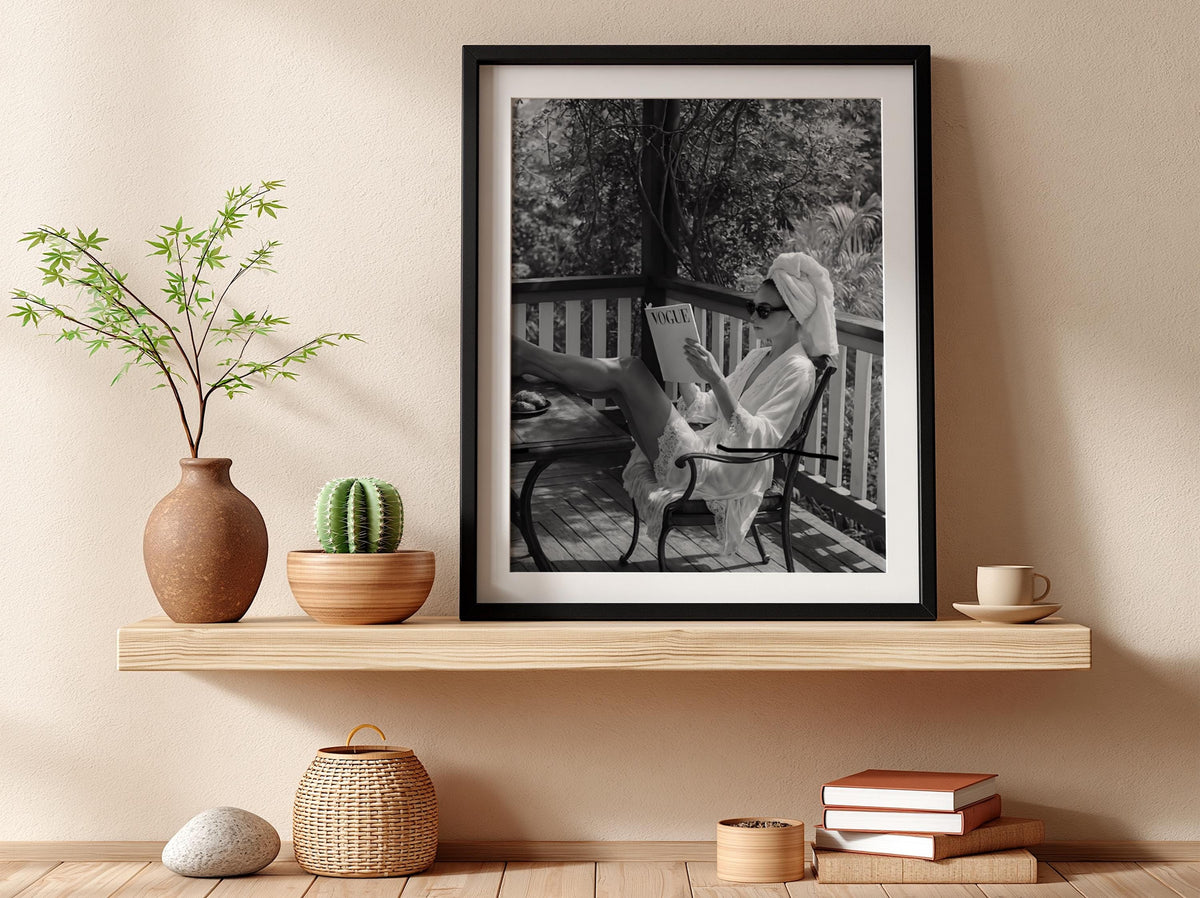 Woman Reading Magazine Poster | Black and White Photography Print | Vintage Fashion Wall Art | Retro Lifestyle Interior Decor