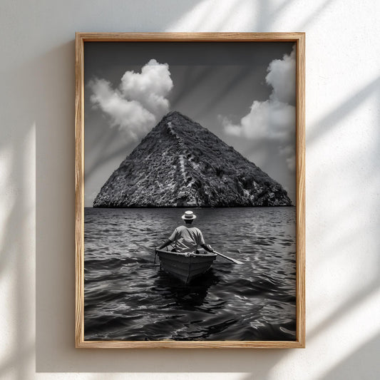 Rowboat Pyramid Rock Island Poster | Black and White Photography Print | Vintage Ocean Wall Art | Retro Adventure Travel Decor