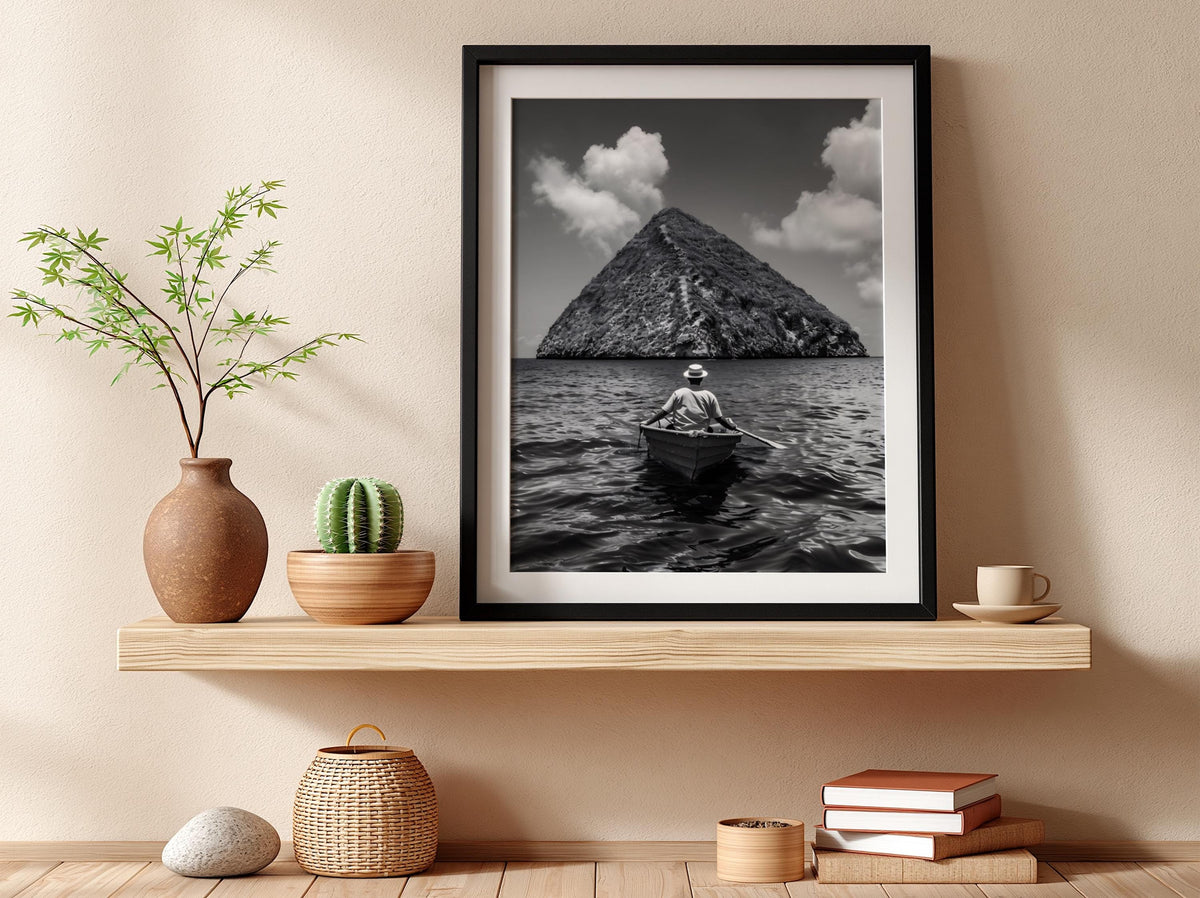 Rowboat Pyramid Rock Island Poster | Black and White Photography Print | Vintage Ocean Wall Art | Retro Adventure Travel Decor