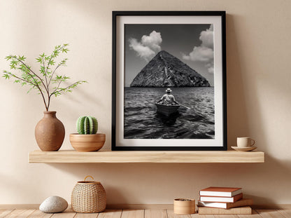 Rowboat Pyramid Rock Island Poster | Black and White Photography Print | Vintage Ocean Wall Art | Retro Adventure Travel Decor