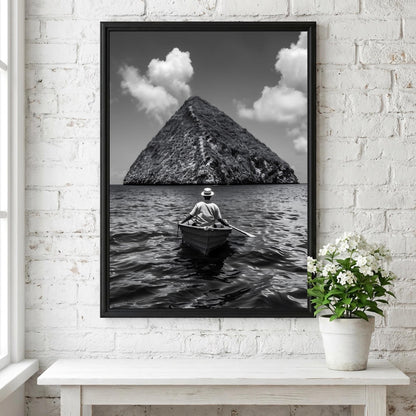 Rowboat Pyramid Rock Island Poster | Black and White Photography Print | Vintage Ocean Wall Art | Retro Adventure Travel Decor
