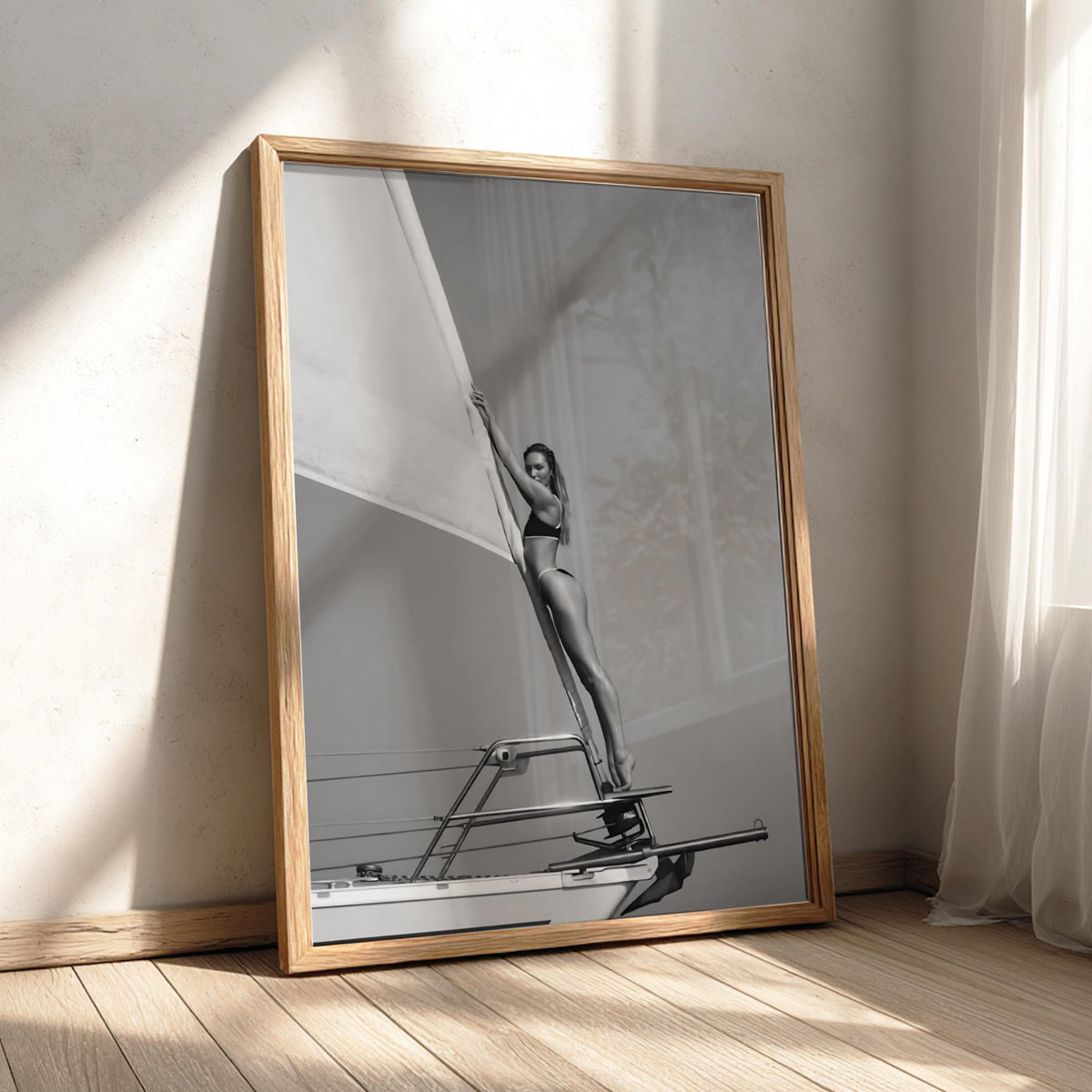 Sailboat Mast Balance Pose Poster | Black and White Photography Print | Vintage Ocean Wall Art | Retro Adventure Lifestyle Decor
