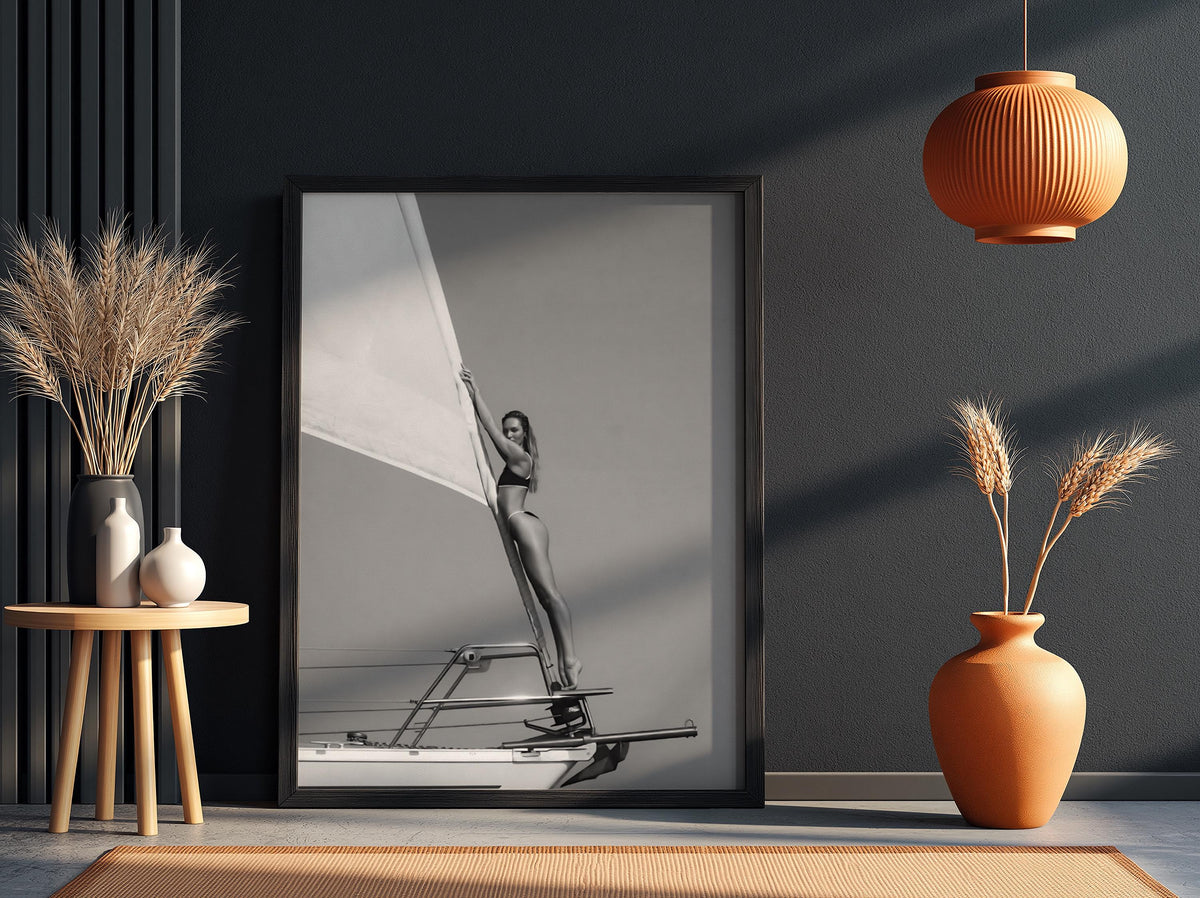 Sailboat Mast Balance Pose Poster | Black and White Photography Print | Vintage Ocean Wall Art | Retro Adventure Lifestyle Decor