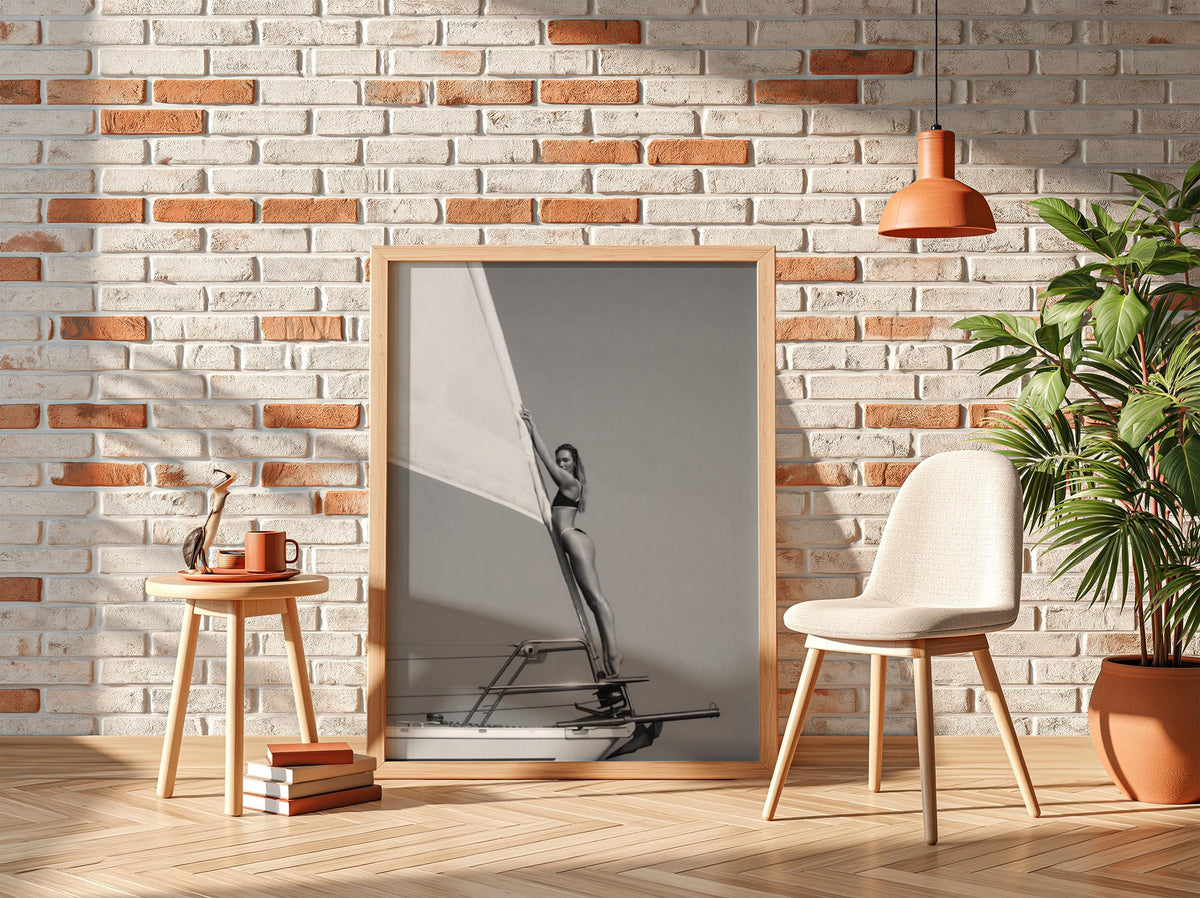 Sailboat Mast Balance Pose Poster | Black and White Photography Print | Vintage Ocean Wall Art | Retro Adventure Lifestyle Decor