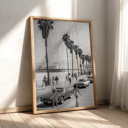 Santa Monica Beach Boardwalk Poster | Black and White Photography Print | Vintage Coastal Wall Art | Retro Travel Decor
