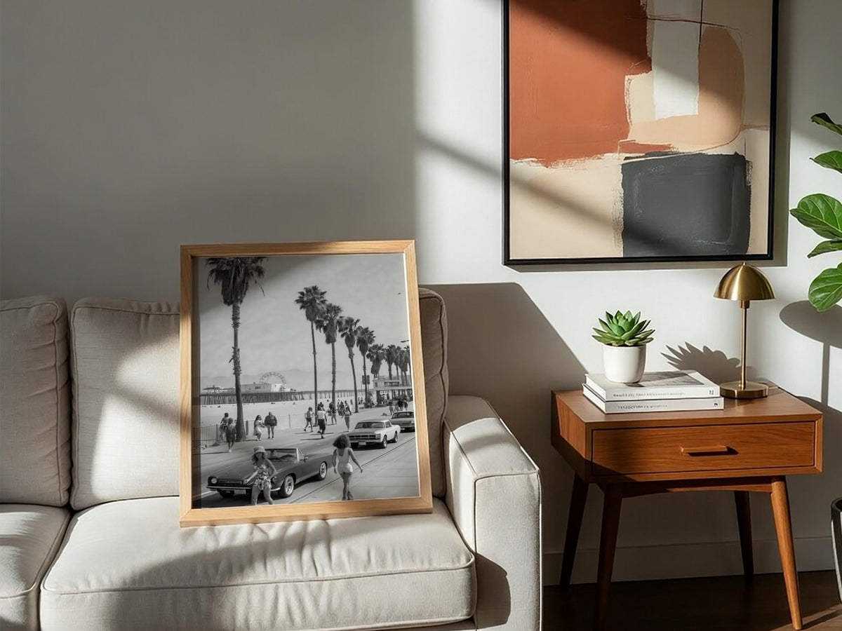 Santa Monica Beach Boardwalk Poster | Black and White Photography Print | Vintage Coastal Wall Art | Retro Travel Decor