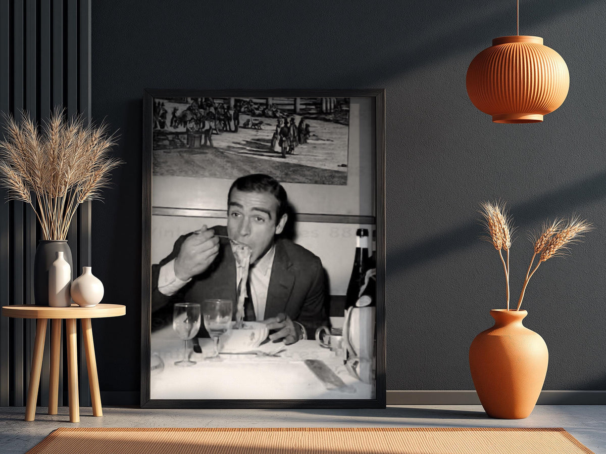 Gentleman Eating Pasta Poster | Black and White Photography Print | Vintage Lifestyle Wall Art | Retro Dining Decor