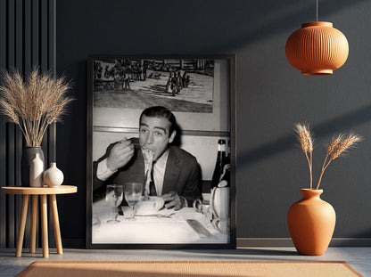 Gentleman Eating Pasta Poster | Black and White Photography Print | Vintage Lifestyle Wall Art | Retro Dining Decor