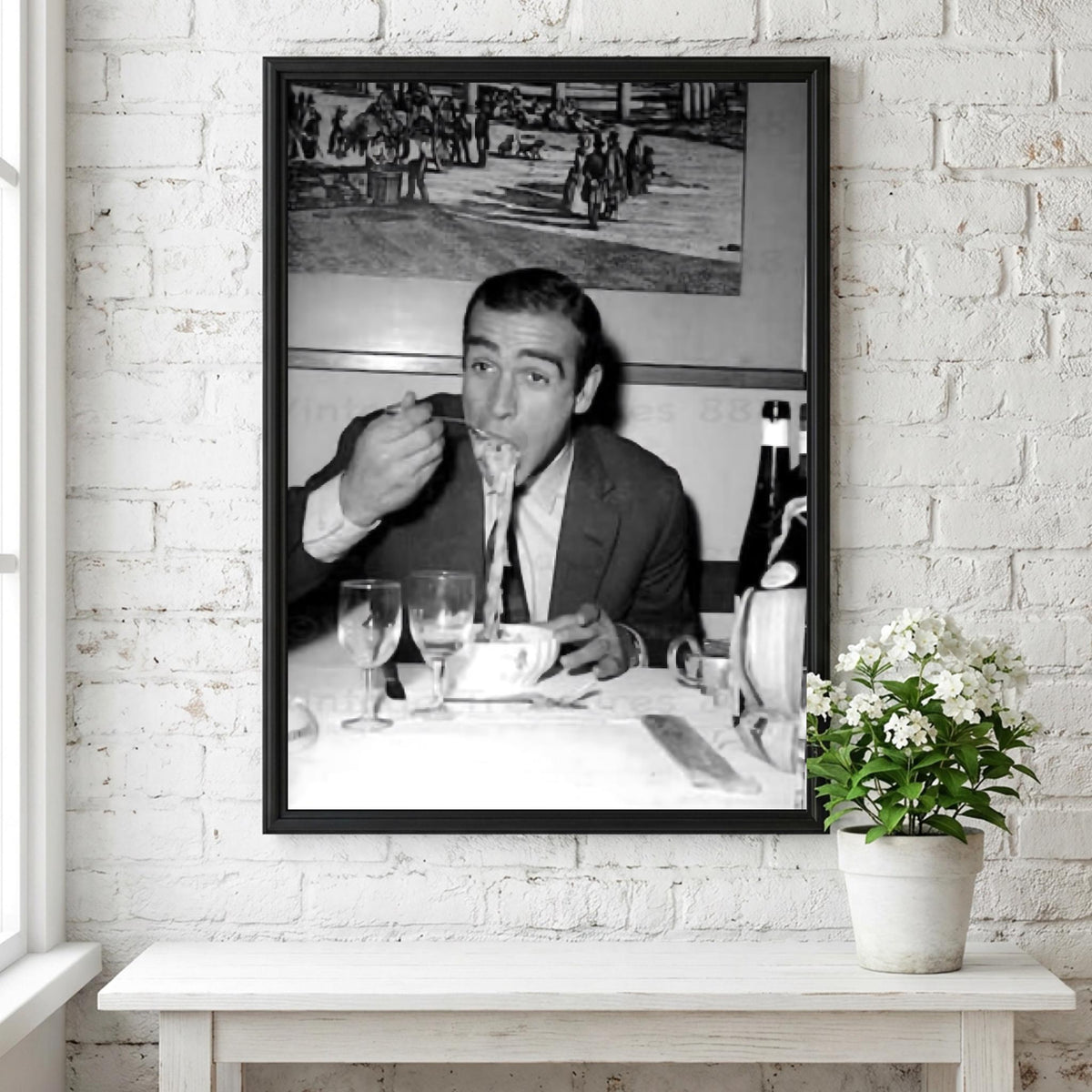 Gentleman Eating Pasta Poster | Black and White Photography Print | Vintage Lifestyle Wall Art | Retro Dining Decor