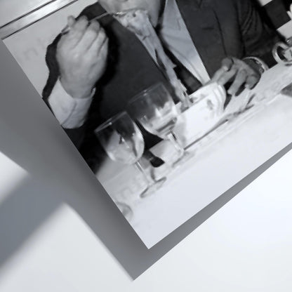 Gentleman Eating Pasta Poster | Black and White Photography Print | Vintage Lifestyle Wall Art | Retro Dining Decor
