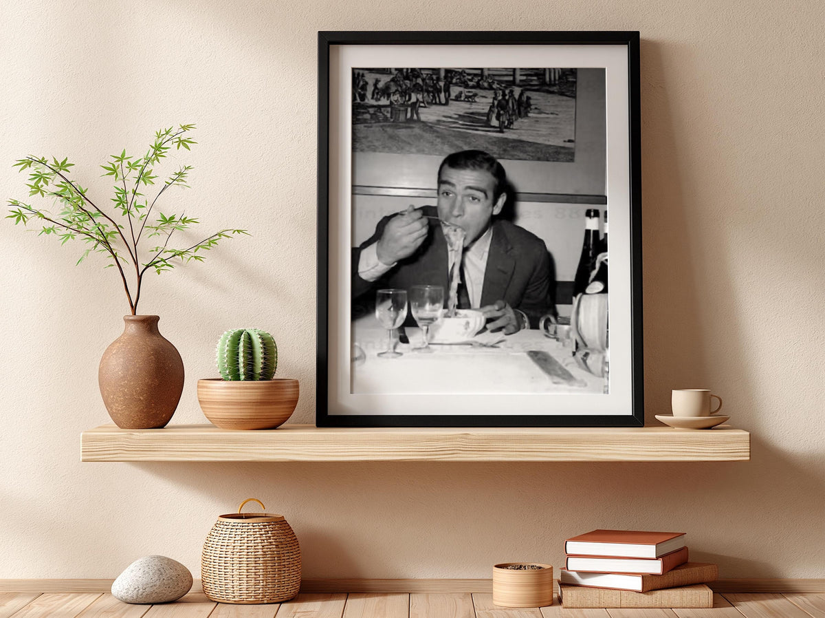 Gentleman Eating Pasta Poster | Black and White Photography Print | Vintage Lifestyle Wall Art | Retro Dining Decor