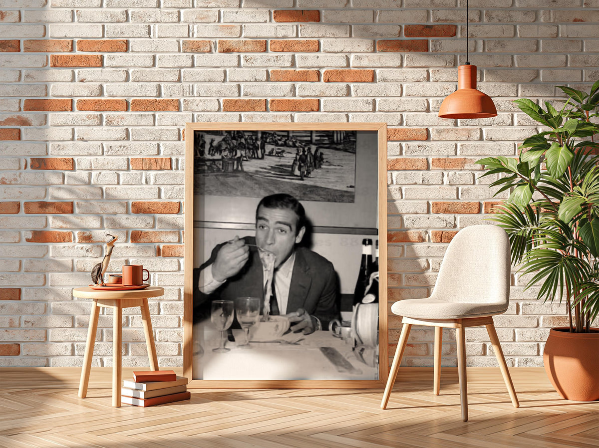 Gentleman Eating Pasta Poster | Black and White Photography Print | Vintage Lifestyle Wall Art | Retro Dining Decor