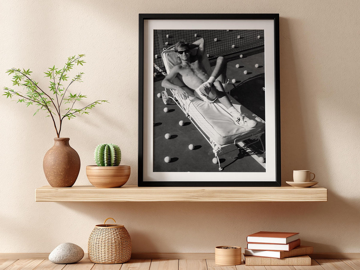 Shirtless Man Tennis Court Lounge Poster | Black and White Photography Print | Vintage Sports Lifestyle Wall Art | Retro Summer Decor