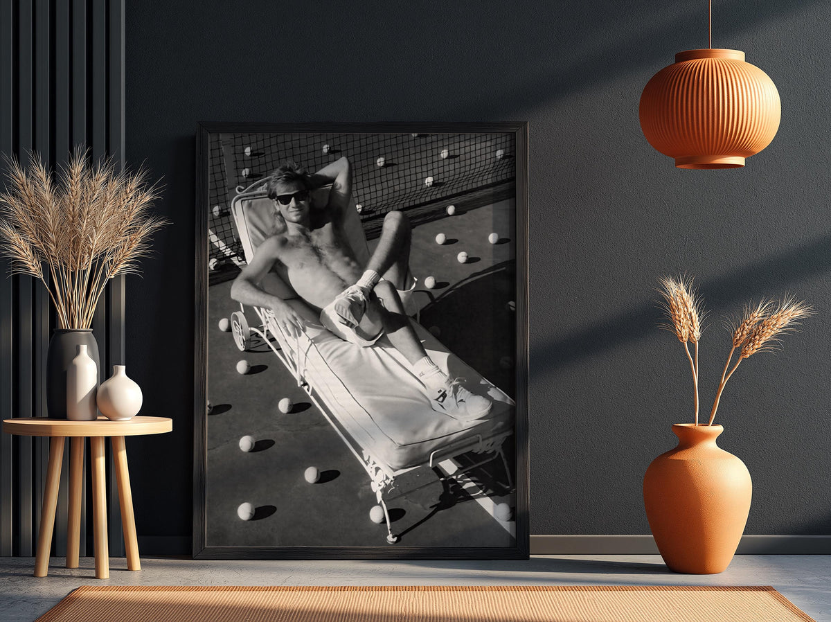 Shirtless Man Tennis Court Lounge Poster | Black and White Photography Print | Vintage Sports Lifestyle Wall Art | Retro Summer Decor