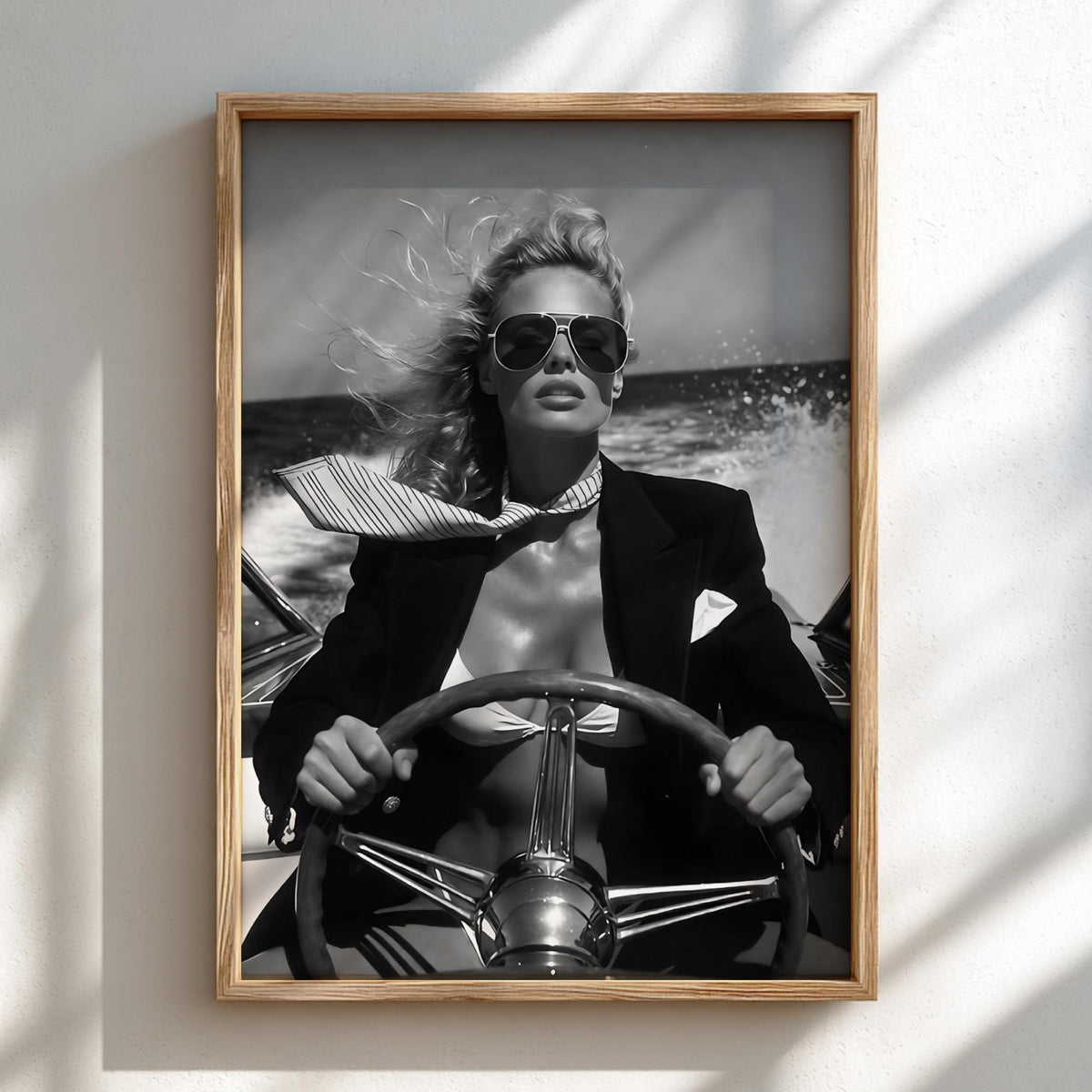 Speedboat Blazer Fashion Poster | Black and White Photography Print | Vintage Luxury Lifestyle Wall Art | Retro Coastal Decor