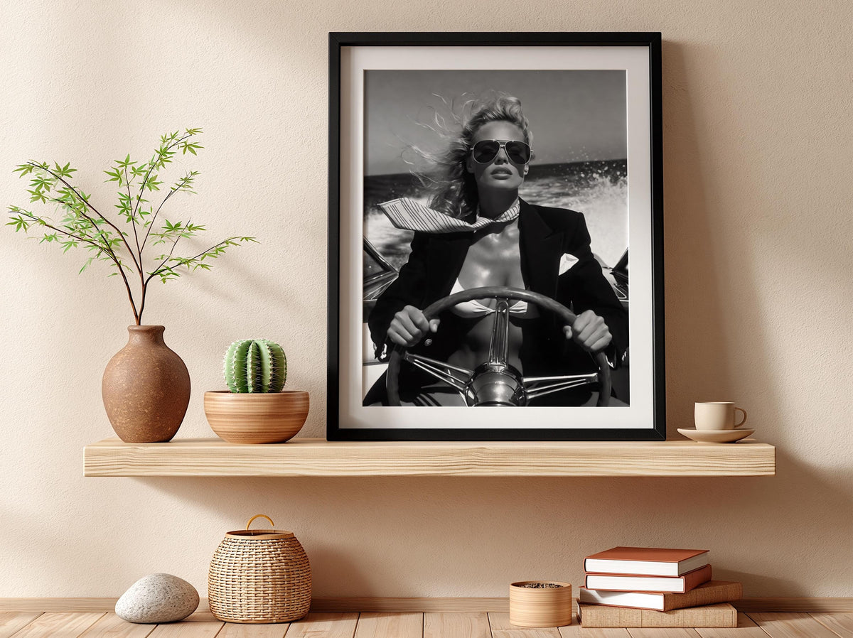 Speedboat Blazer Fashion Poster | Black and White Photography Print | Vintage Luxury Lifestyle Wall Art | Retro Coastal Decor
