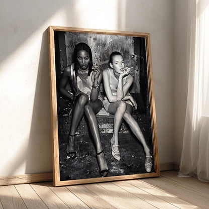 Supermodels Smoking Alley Portrait Poster | Black and White Photography Print | Vintage Fashion Wall Art | Retro Urban Decor