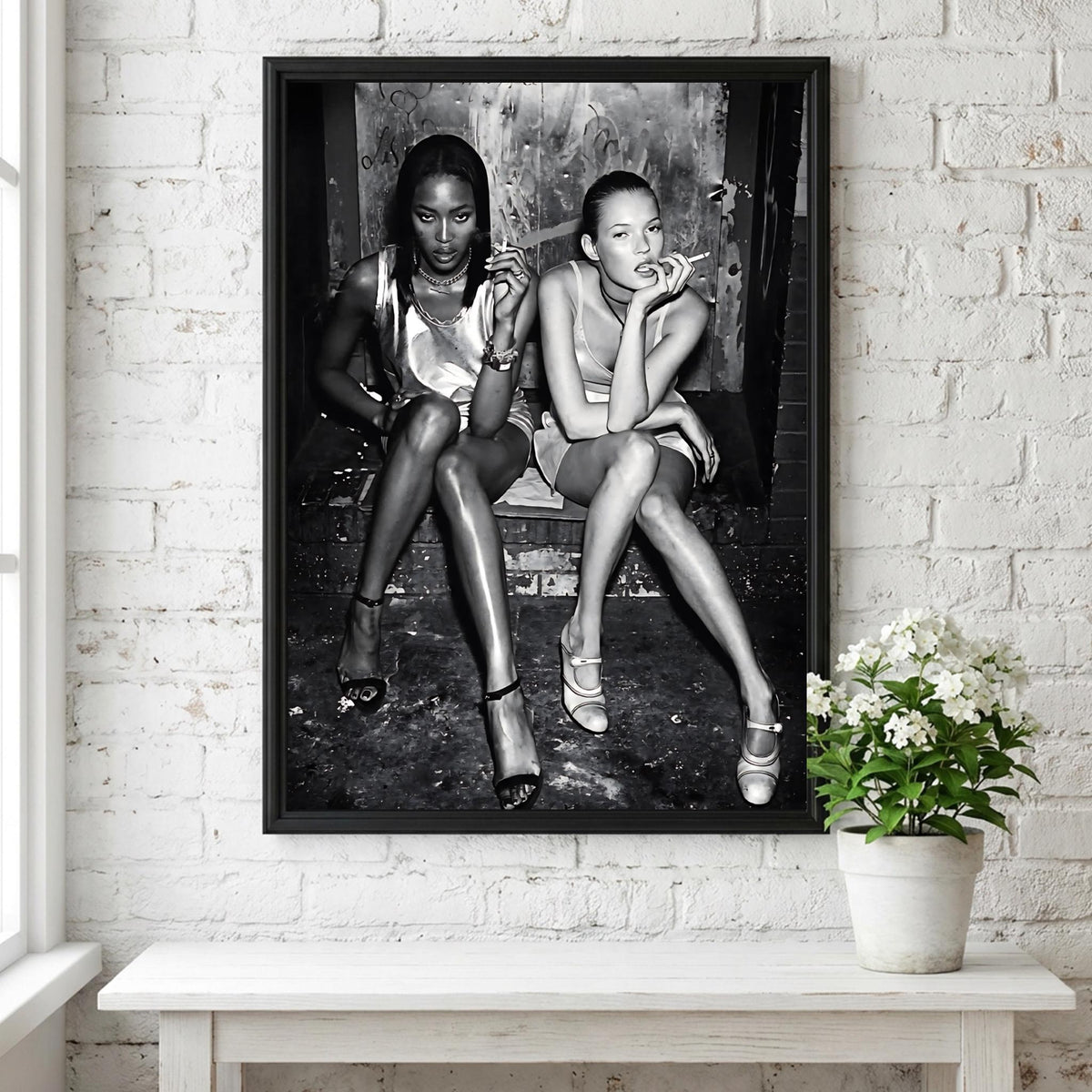 Supermodels Smoking Alley Portrait Poster | Black and White Photography Print | Vintage Fashion Wall Art | Retro Urban Decor