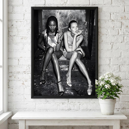 Supermodels Smoking Alley Portrait Poster | Black and White Photography Print | Vintage Fashion Wall Art | Retro Urban Decor