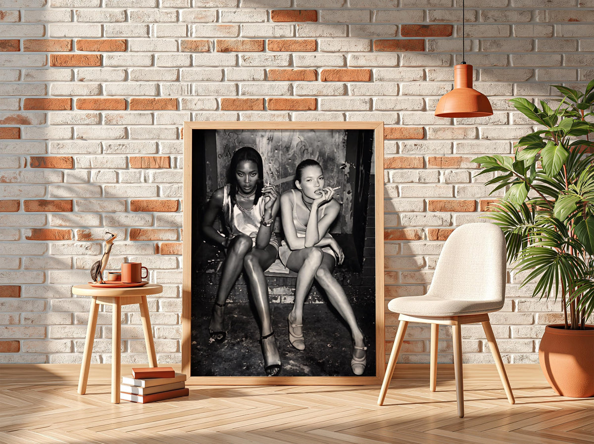 Supermodels Smoking Alley Portrait Poster | Black and White Photography Print | Vintage Fashion Wall Art | Retro Urban Decor